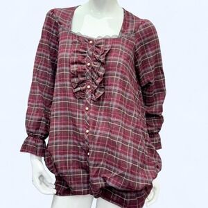 Axes Femme Plaid Tunic Mini Dress Lace Ruffle Mori Girl Burgundy Womens M